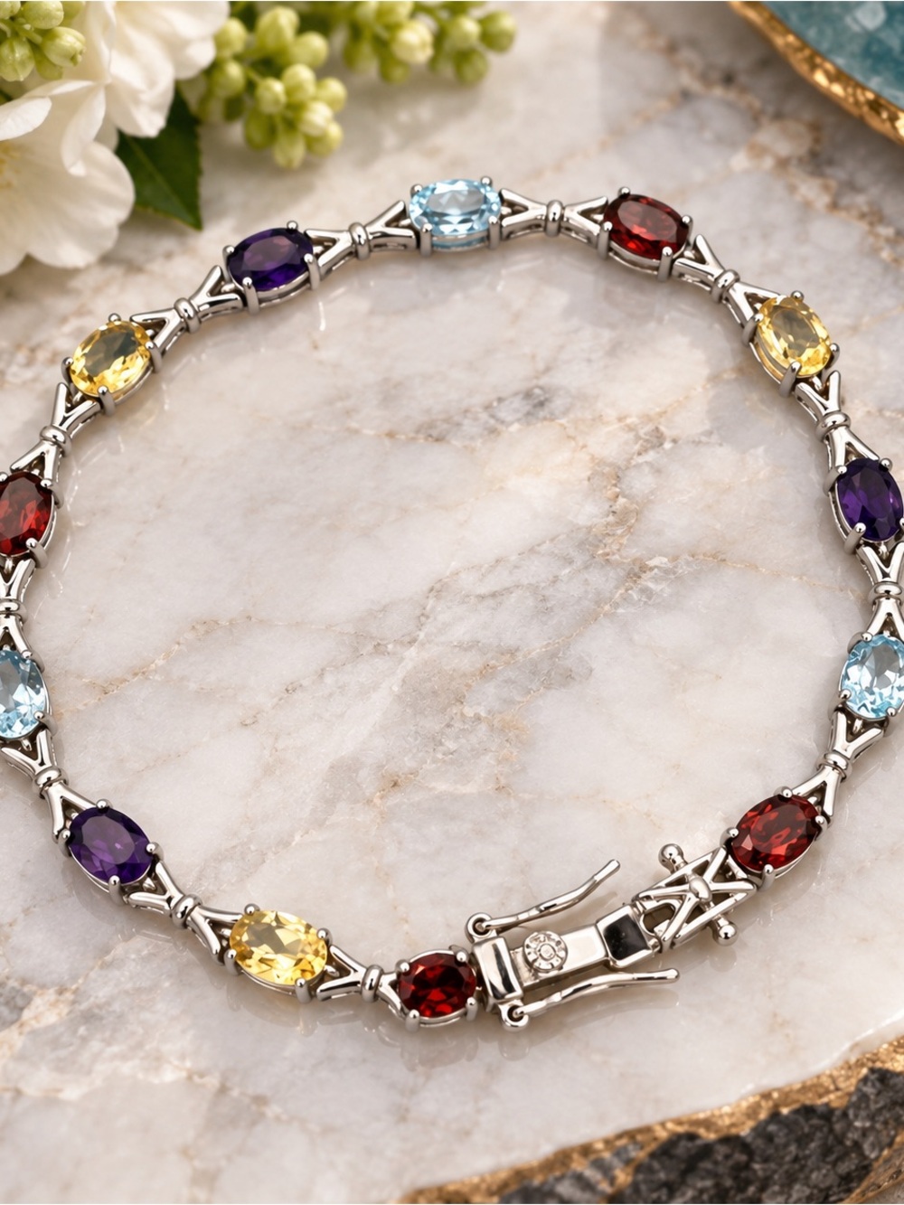 Sterling Silver Genuine Multi-Gemstone Tennis Bracelet